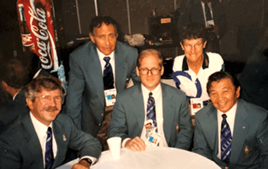 Photo of 1996 Atlanta Olympics Judo Technical staff (Tad Nalls, John Anderson, Roy Englert, Fran Vall and James Takemori)