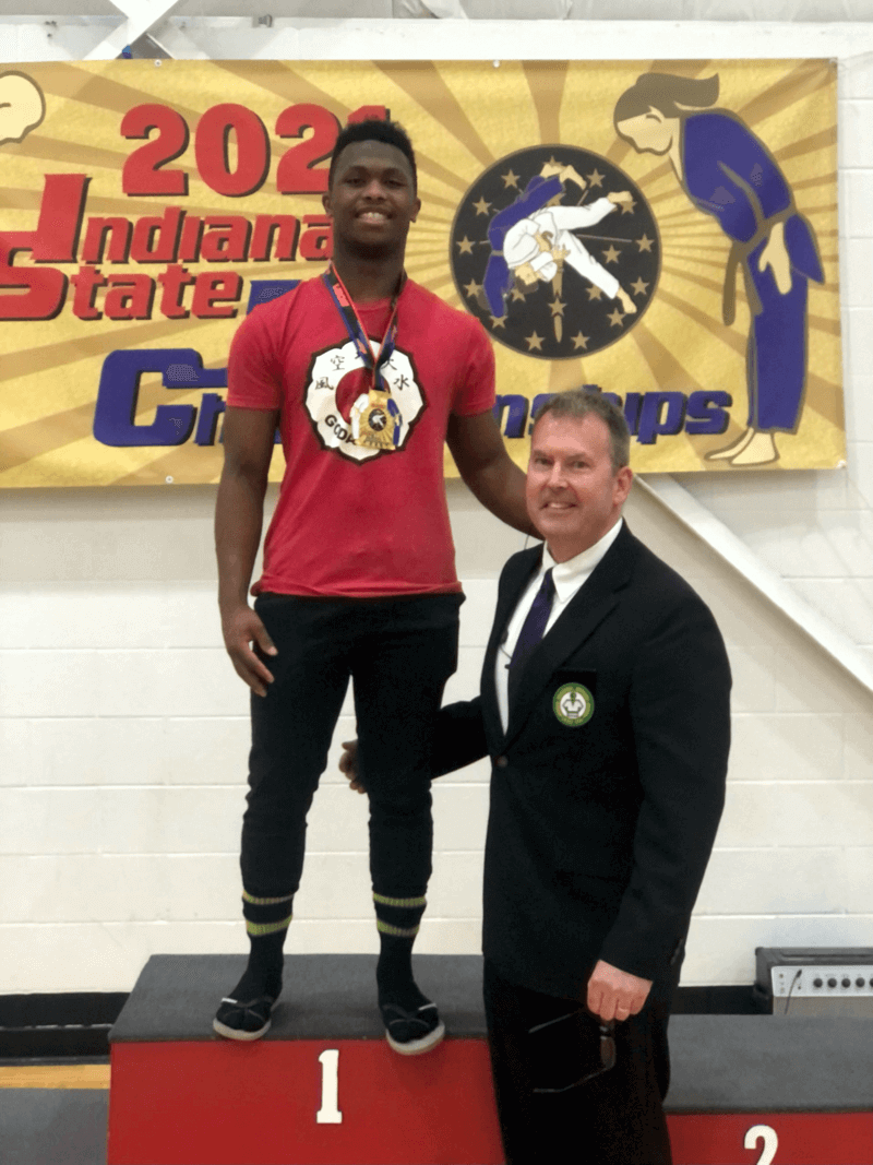 Jim Murray with Student Jucoy Baatjes at 2021 Indiana Championships